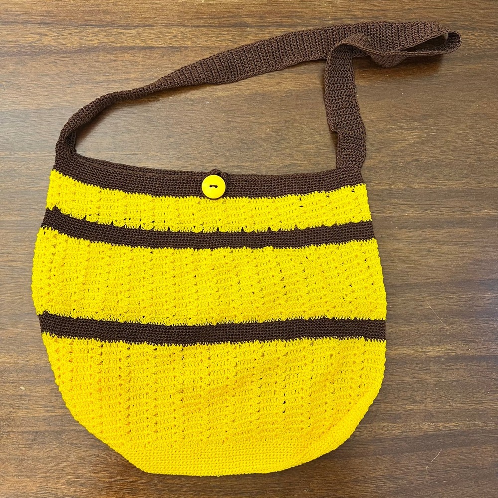 Yellow Brown Crochet Knit Mesh Stretch Bucket Bag Striped Shoulder Purse